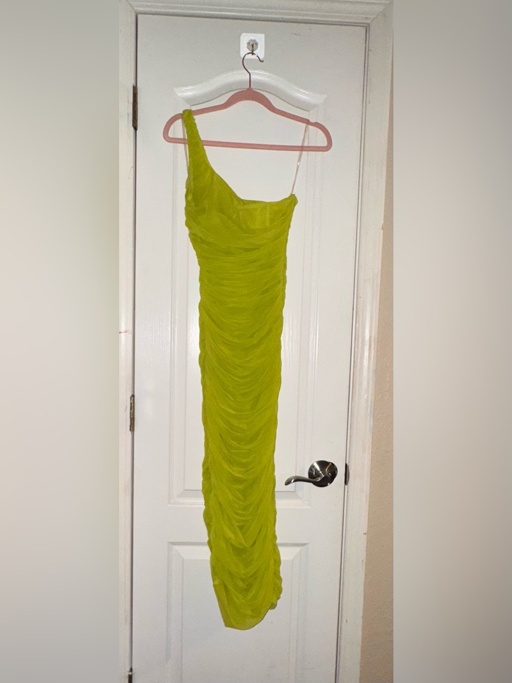 House of CB Lime Green One-Shoulder Ruched Gown